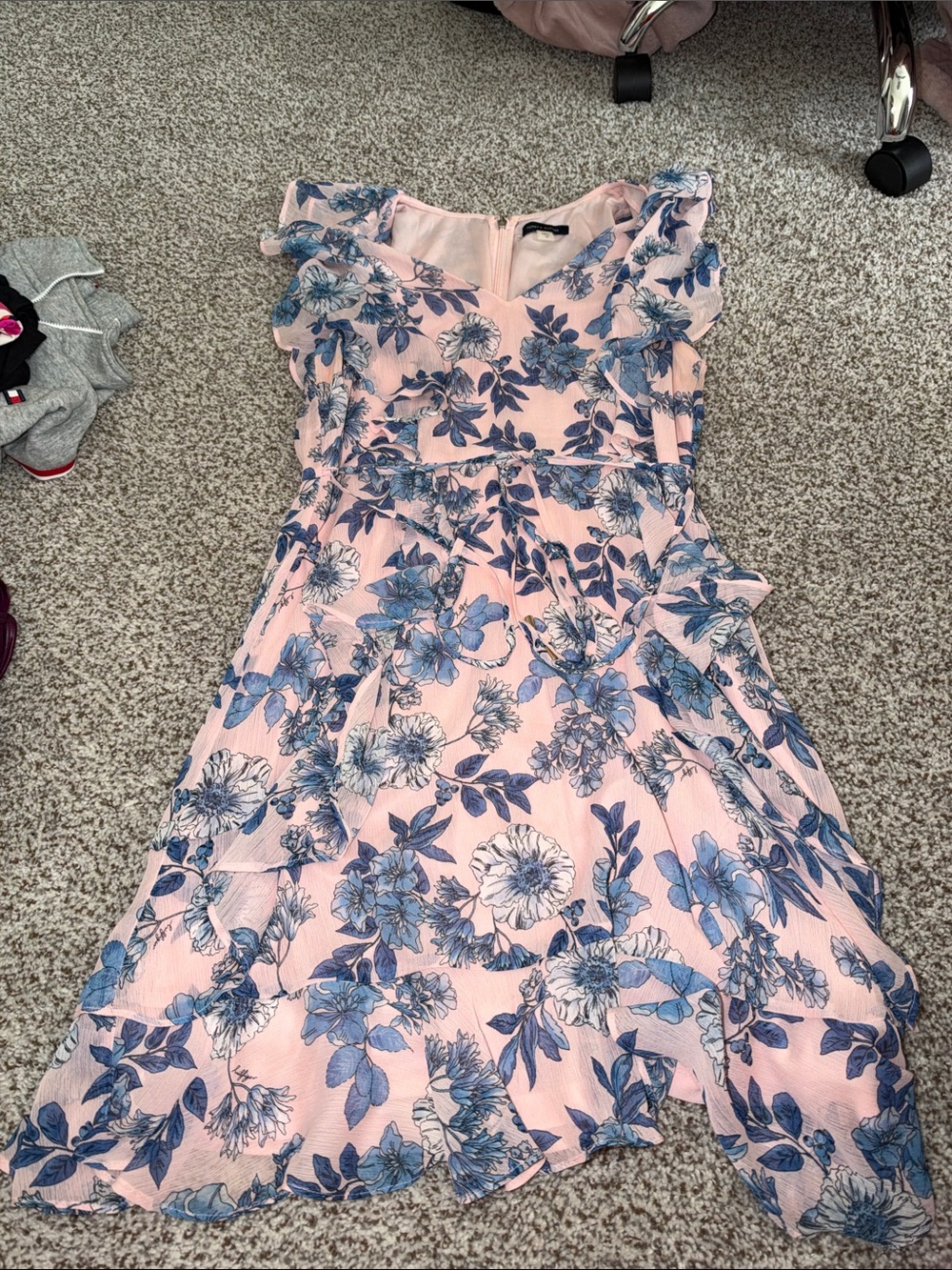 Tommy Hilfiger Pink and Blue Floral Ruffle Midi Dress